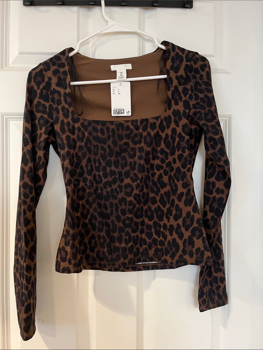 H&M Brown and Black Leopard Print Square-Neck Long Sleeve Top